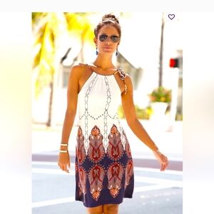 Sleeveless Printed Halter Mini Dress in White & Navy